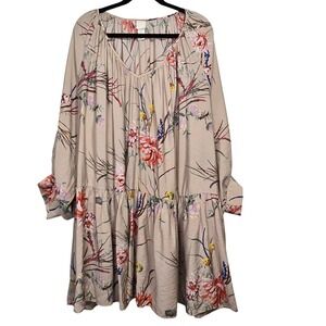 H&M HM Womens XL Oversized Beige Floral Tiered V Neck 3/4 Sleeve Tunic Dress Top